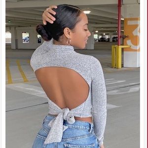 Garage Gray Mock Neck Open Back Long Sleeve